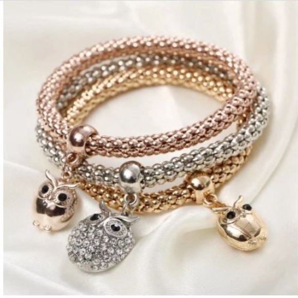 Three Piece Owl Bracelet Silver Rose Gold And Gold - Picture 2 of 2